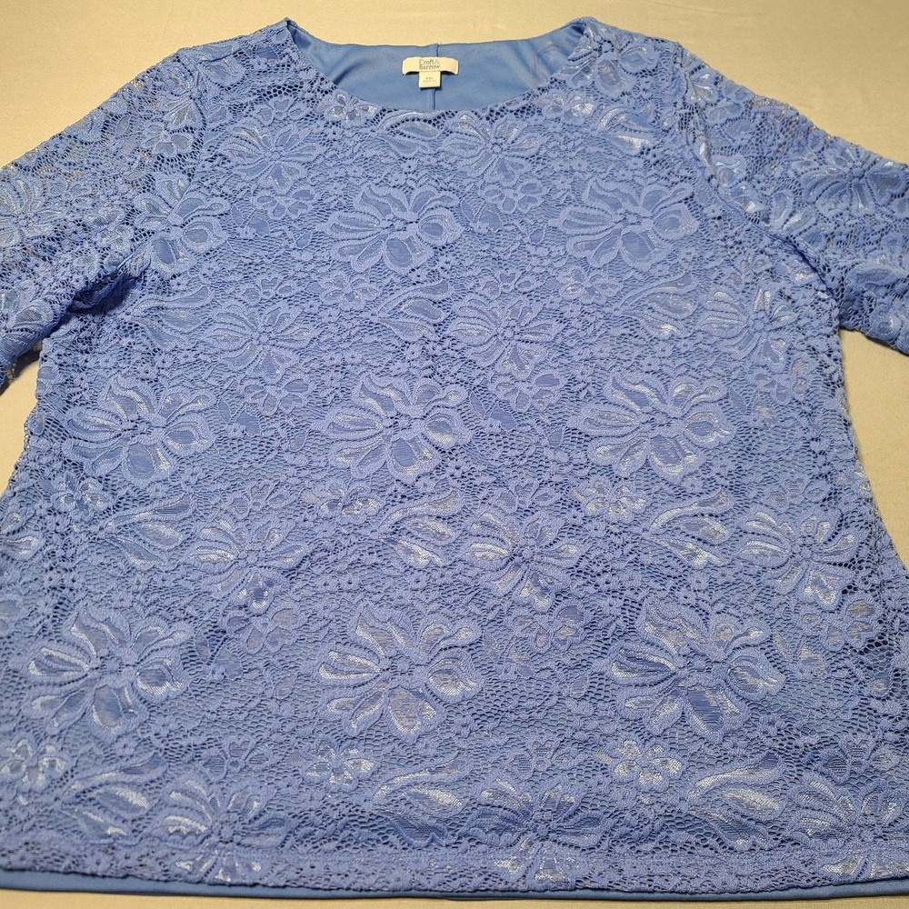 Croft & Barrow Blue Lace Blouse XXL Lined Floral Short Sleeve Elegant Top